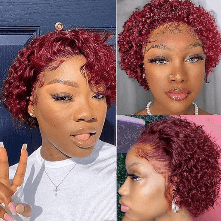 SZC 99J Red Short Pixie Cut Curly 13x1 Lace Front Virgin Human Hair Wigs （Limit 3 per order ）