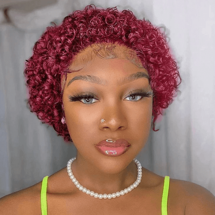 SZC 99J Red Short Pixie Cut Curly 13x1 Lace Front Virgin Human Hair Wigs （Limit 3 per order ）