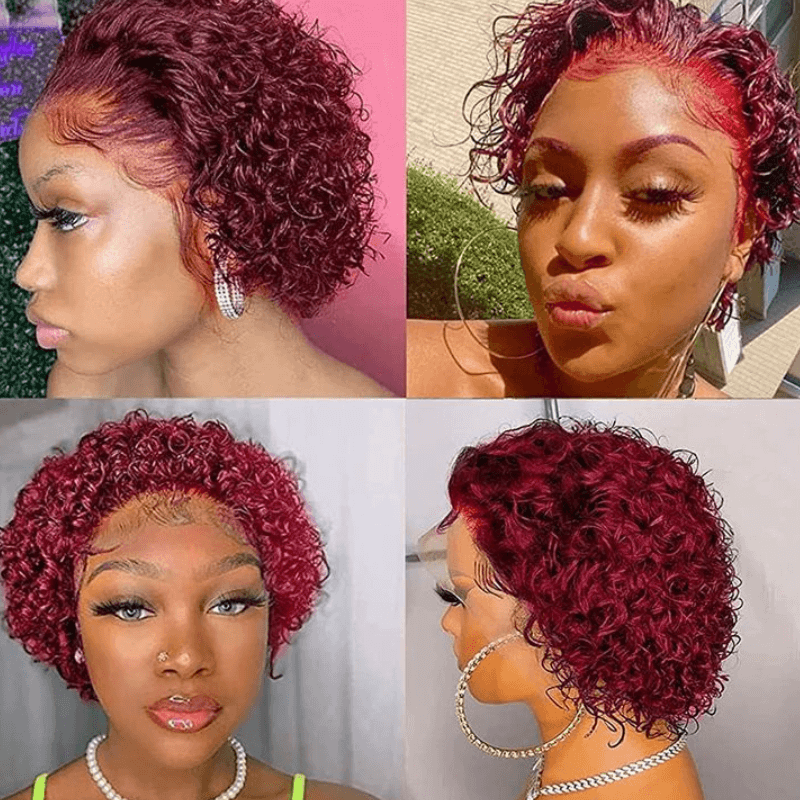 SZC 99J Red Short Pixie Cut Curly 13x1 Lace Front Virgin Human Hair Wigs （Limit 3 per order ）