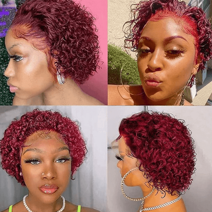 SZC 99J Red Short Pixie Cut Curly 13x1 Lace Front Virgin Human Hair Wigs （Limit 3 per order ）