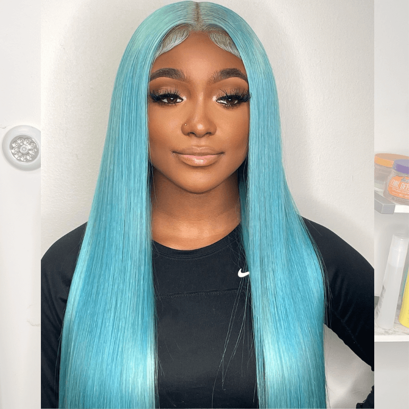 SZC Aqua Blue Bone Straight  13x4 HD Lace Front Virgin Human Hair Wigs