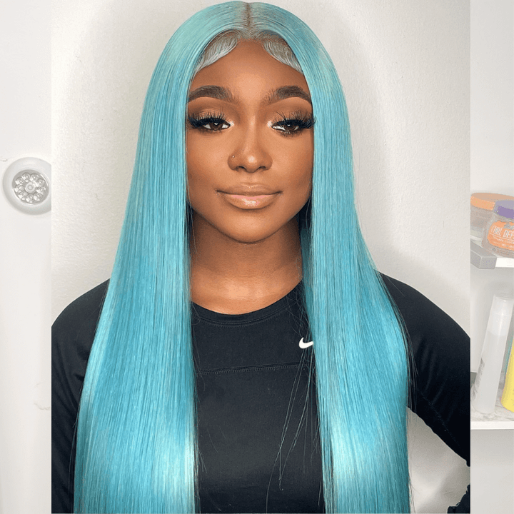 SZC Aqua Blue Bone Straight  13x4 HD Lace Front Virgin Human Hair Wigs