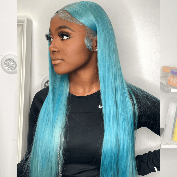 SZC Aqua Blue Bone Straight  13x4 HD Lace Front Virgin Human Hair Wigs