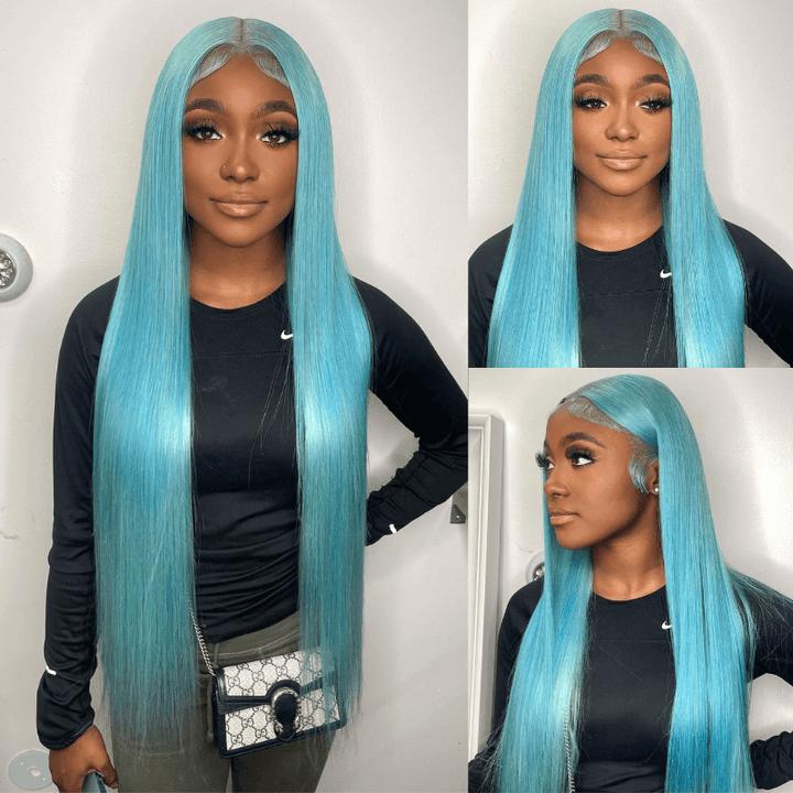 SZC Aqua Blue Bone Straight  13x4 HD Lace Front Virgin Human Hair Wigs