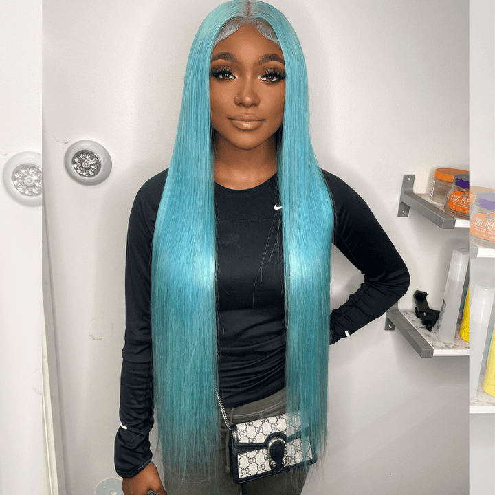SZC Aqua Blue Bone Straight  13x4 HD Lace Front Virgin Human Hair Wigs