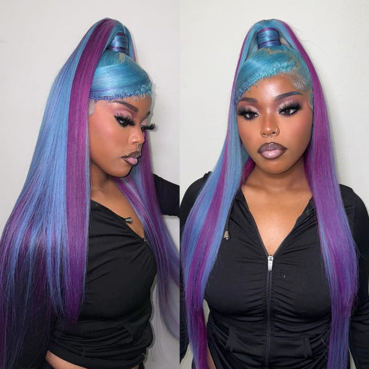SZC Aqua Blue Royal Purple Highlights 13x4 Lace Front Virgin Human Hair Wigs
