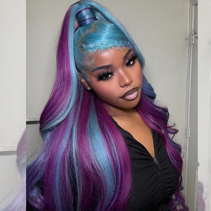 SZC Aqua Blue Royal Purple Highlights 13x4 Lace Front Virgin Human Hair Wigs