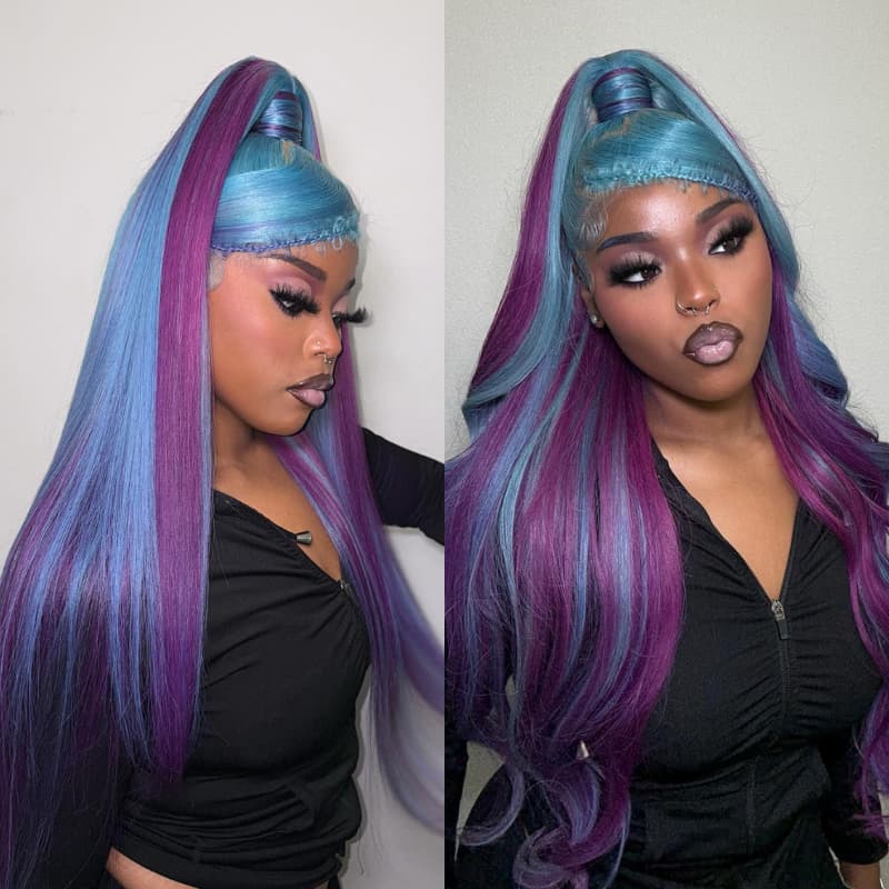 SZC Aqua Blue Royal Purple Highlights 13x4 Lace Front Virgin Human Hair Wigs