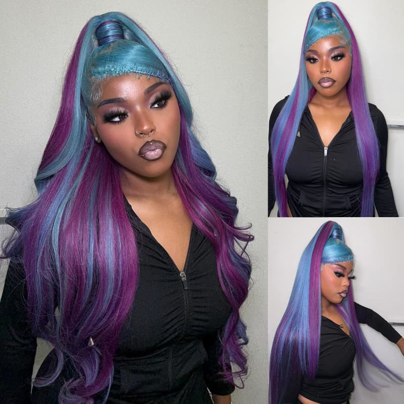 SZC Aqua Blue Royal Purple Highlights 13x4 Lace Front Virgin Human Hair Wigs