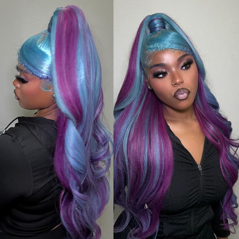 SZC Aqua Blue Royal Purple Highlights 13x4 Lace Front Virgin Human Hair Wigs