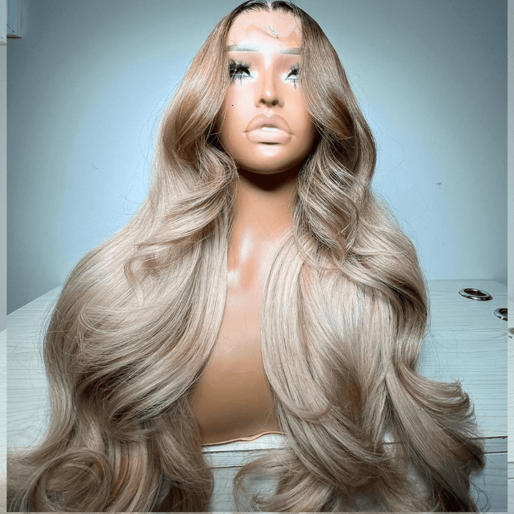 SZC Ash Gray Brown Blonde Highlights Body Wave Lace Front Human Hair Wig