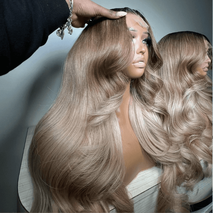 SZC Ash Gray Brown Blonde Highlights Body Wave Lace Front Human Hair Wig