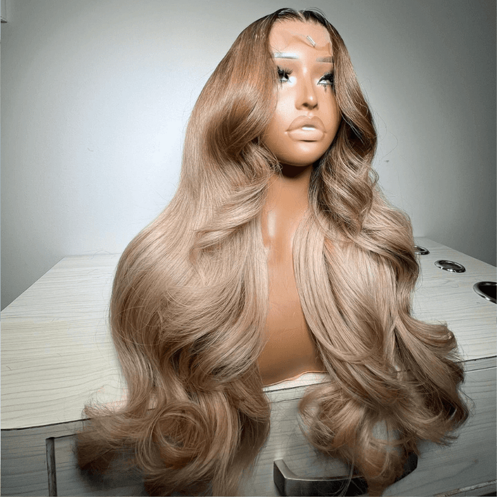 SZC Ash Gray Brown Blonde Highlights Body Wave Lace Front Human Hair Wig