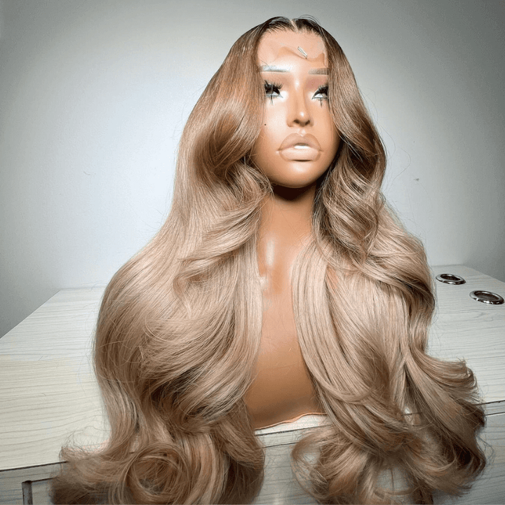 SZC Ash Gray Brown Blonde Highlights Body Wave Lace Front Human Hair Wig