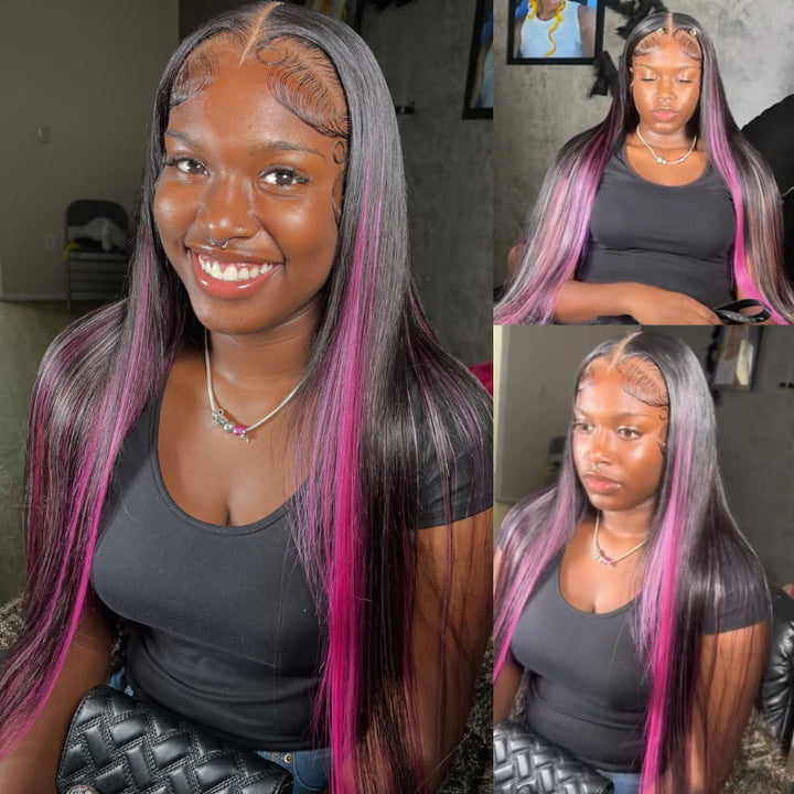 SZC 200 Density Black With Purple Pink Highlights 13x4 Lace Front Human Hair Wigs
