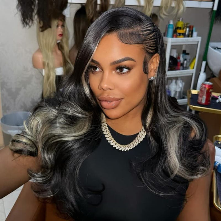 SZC Balayage Black Blonde Streaks 13x4 Lace Front Virgin Human Hair Wigs 200 Density