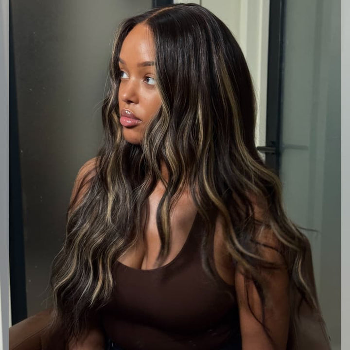 SZC Balayage Black Brown Highlights 13x4 Lace Front Virgin Human Hair Wigs