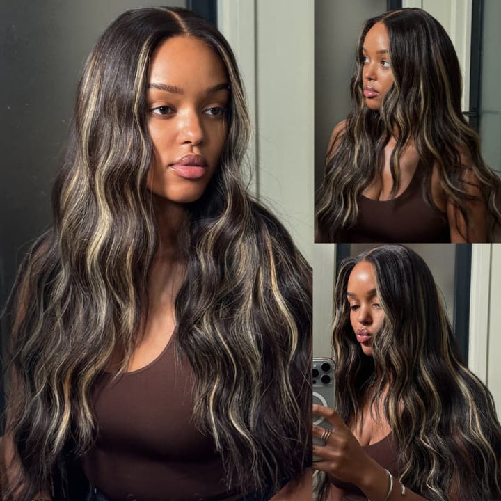 SZC Balayage Black Brown Highlights 13x4 Lace Front Virgin Human Hair Wigs