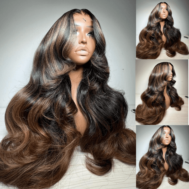 SZC Balayage Black Brown Highlights 200 Density 13x4 Lace Front Hair Wigs