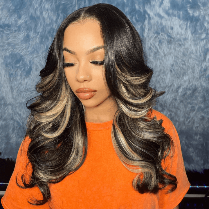 SZC Balayage Black Brown Highlights 200 Density HD Lace Front Hair Wig