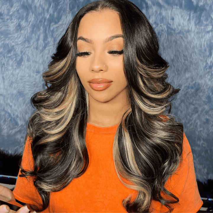 SZC Balayage Black Brown Highlights 200 Density HD Lace Front Hair Wig