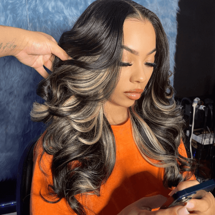 SZC Balayage Black Brown Highlights 200 Density HD Lace Front Hair Wig