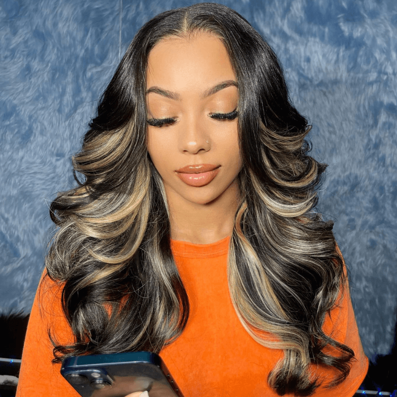 SZC Balayage Black Brown Highlights 200 Density HD Lace Front Hair Wig