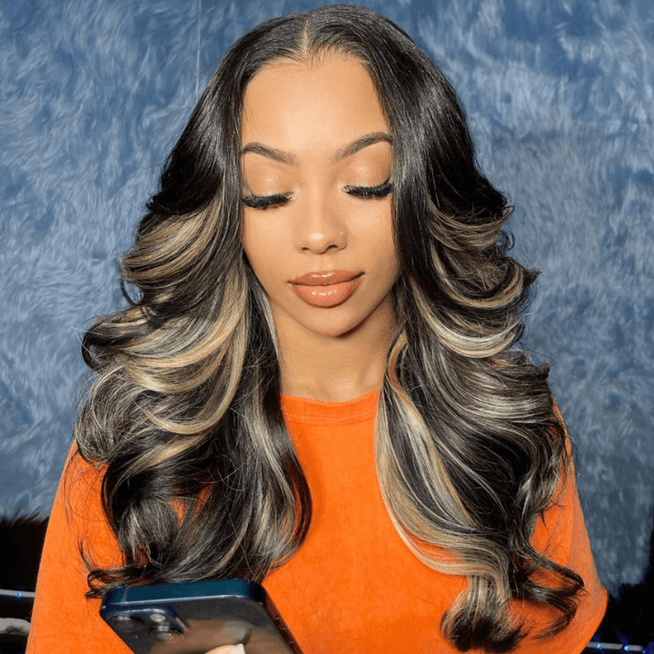 SZC Balayage Black Brown Highlights 200 Density HD Lace Front Hair Wig