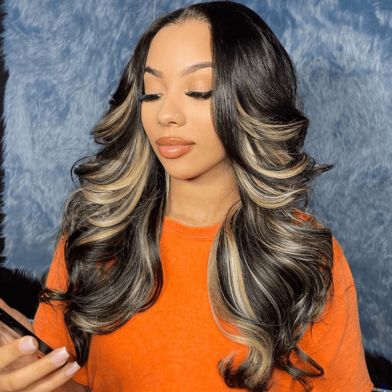 SZC Balayage Black Brown Highlights 200 Density HD Lace Front Hair Wig