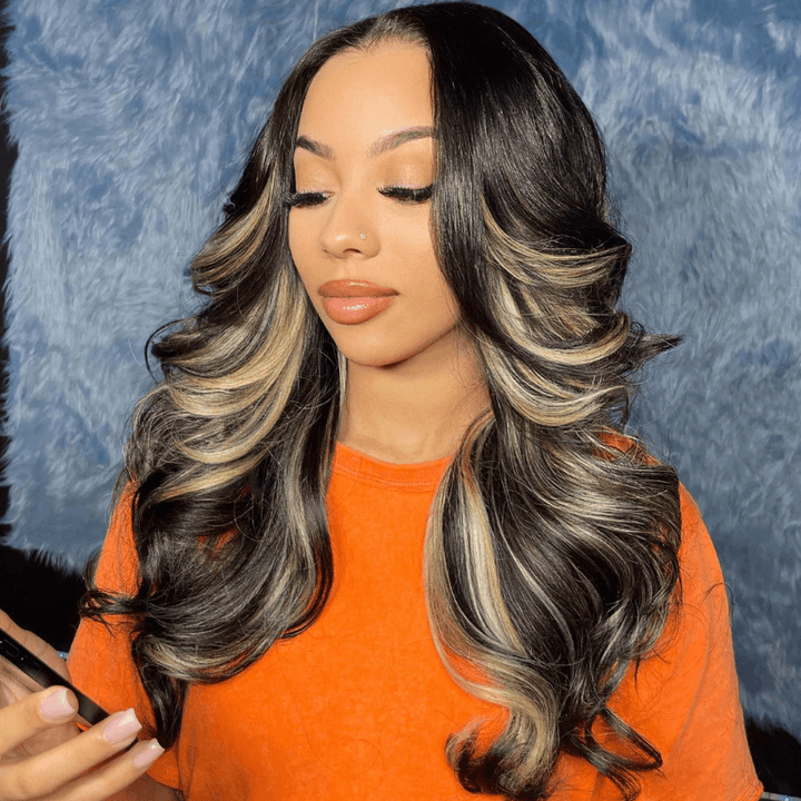SZC Balayage Black Brown Highlights 200 Density HD Lace Front Hair Wig