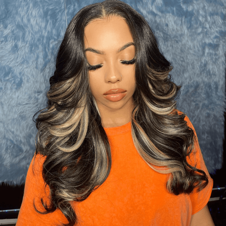 SZC Balayage Black Brown Highlights 200 Density HD Lace Front Hair Wig