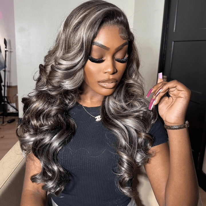 SZC Balayage Black Gray Highlights Lace Frontal Virgin Human Hair Wigs