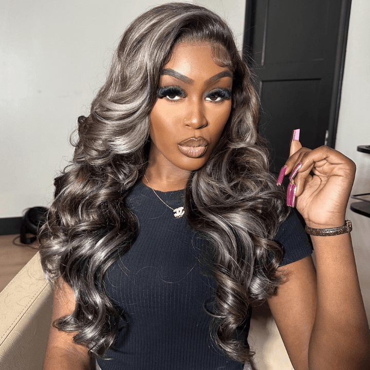 SZC Balayage Black Gray Highlights Lace Frontal Virgin Human Hair Wigs