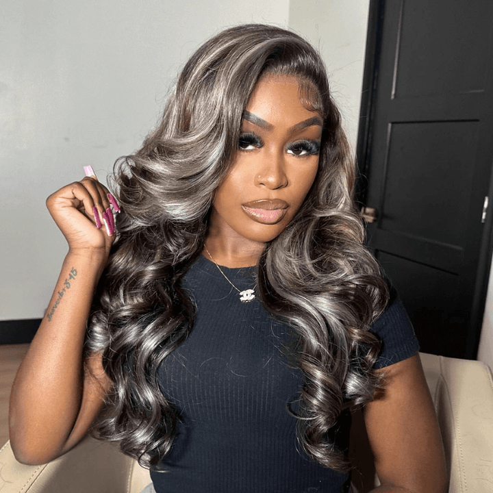 SZC Balayage Black Gray Highlights Lace Frontal Virgin Human Hair Wigs
