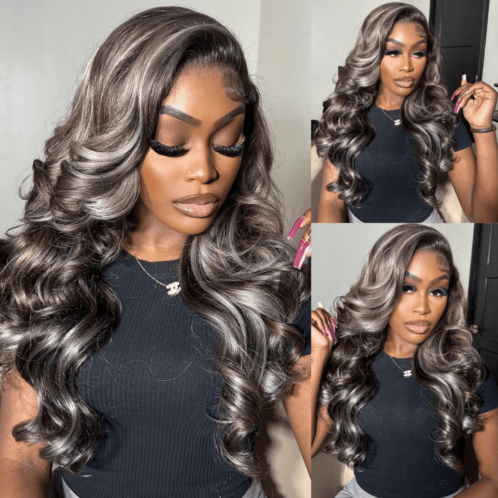 SZC Balayage Black Gray Highlights Lace Frontal Virgin Human Hair Wigs