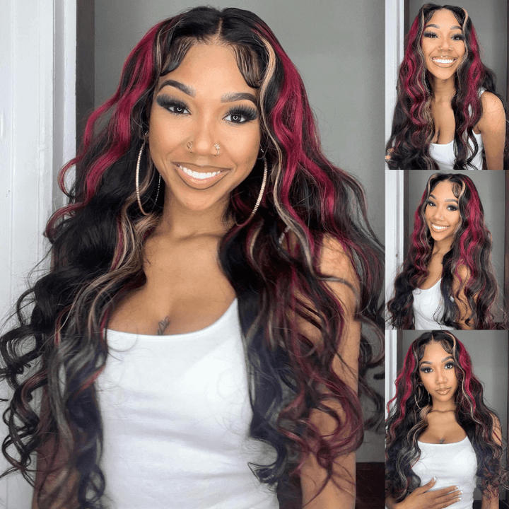 SZC Balayage Black With Red Brown Highlights Lace Front Human Hair Wig