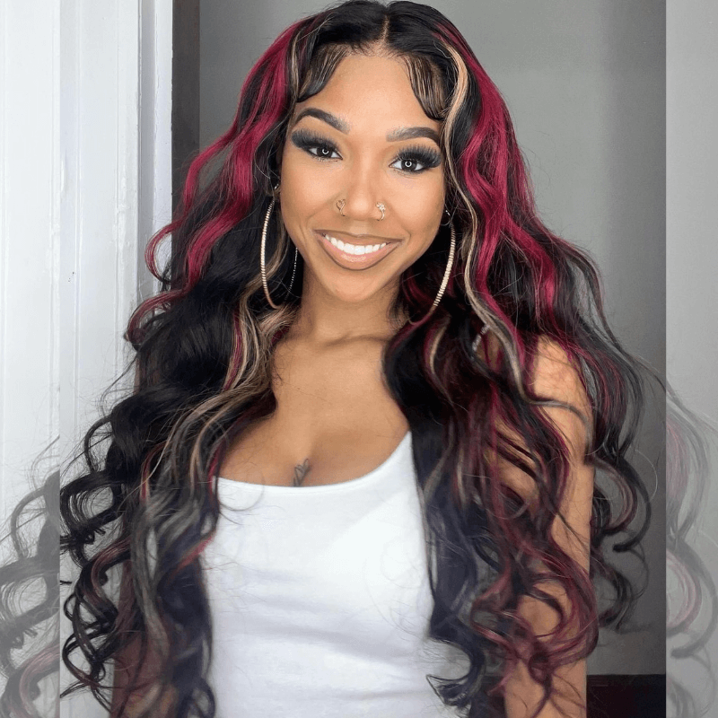SZC Balayage Black With Red Brown Highlights Lace Front Human Hair Wig