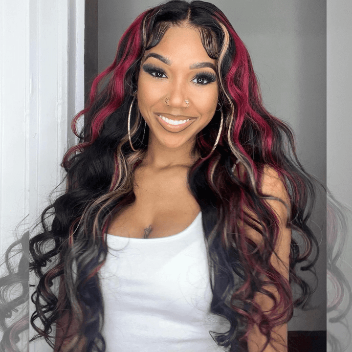 SZC Balayage Black With Red Brown Highlights Lace Front Human Hair Wig
