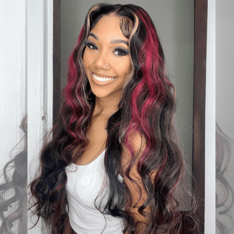 SZC Balayage Black With Red Brown Highlights Lace Front Human Hair Wig