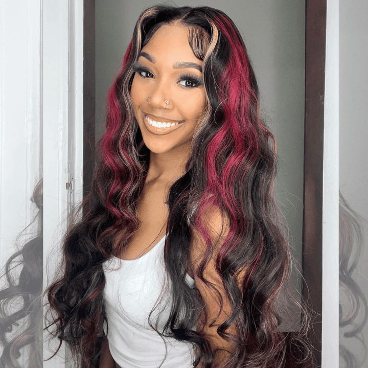 SZC Balayage Black With Red Brown Highlights Lace Front Human Hair Wig