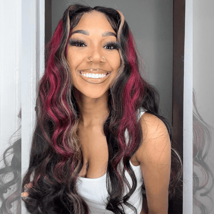SZC Balayage Black With Red Brown Highlights Lace Front Human Hair Wig