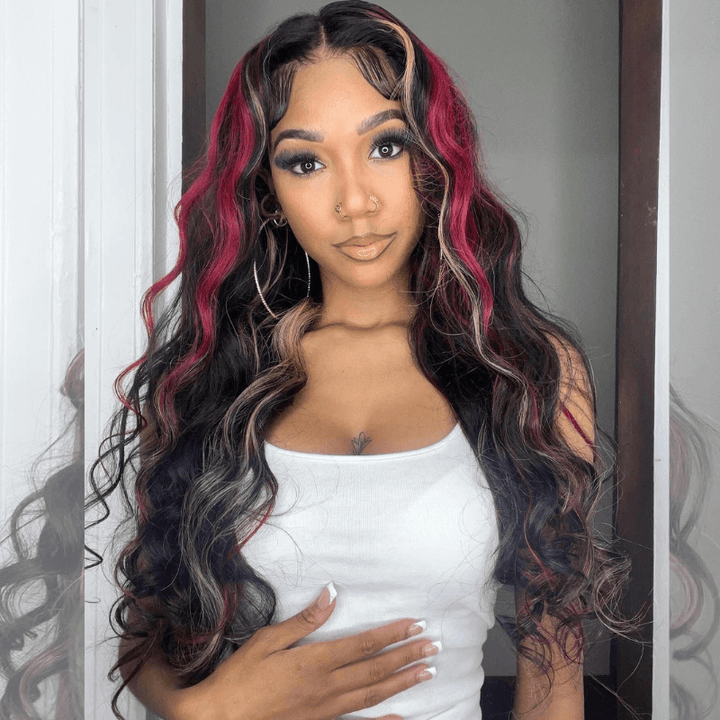SZC Balayage Black With Red Brown Highlights Lace Front Human Hair Wig