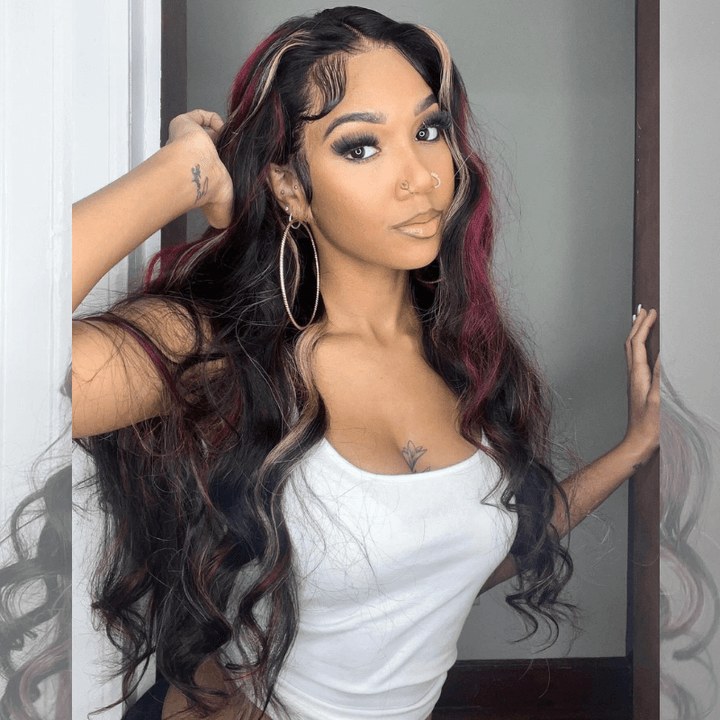 SZC Balayage Black With Red Brown Highlights Lace Front Human Hair Wig