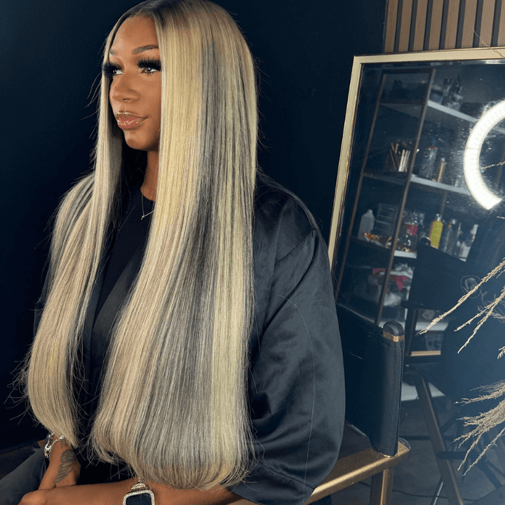 SZC Balayage Blonde Black Highlight Straight Lace Front Human Hair Wig