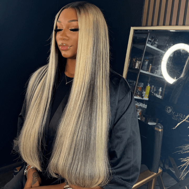 SZC Balayage Blonde Black Highlight Straight Lace Front Human Hair Wig