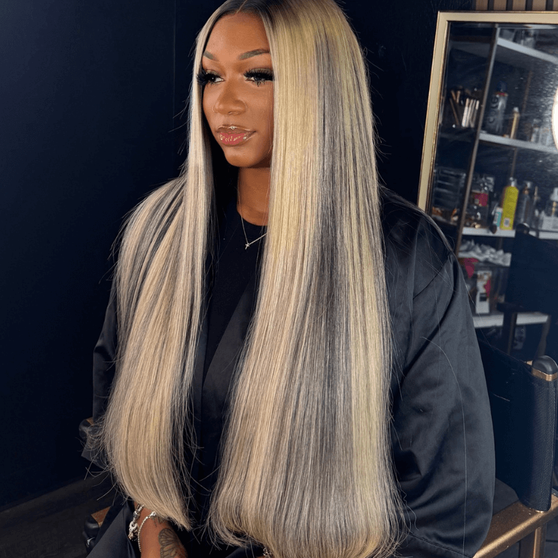 SZC Balayage Blonde Black Highlight Straight Lace Front Human Hair Wig