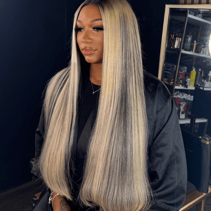 SZC Balayage Blonde Black Highlight Straight Lace Front Human Hair Wig