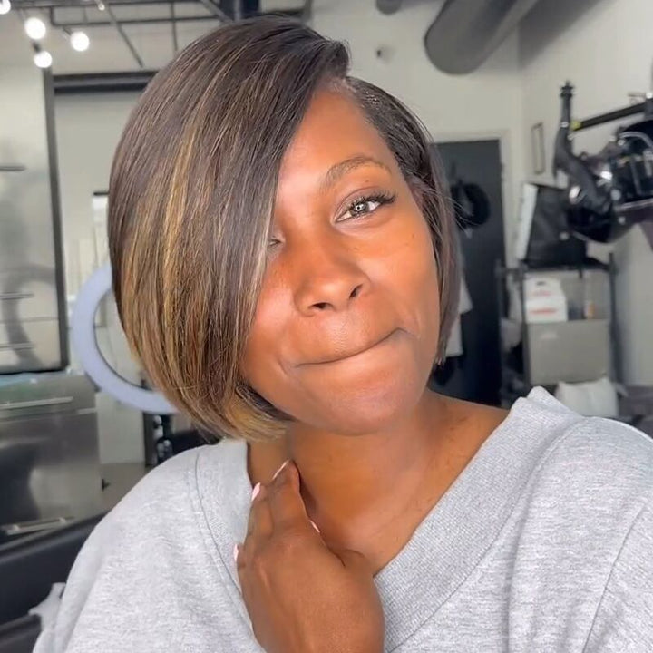 SZC Balayage Brown Pixie Cut Short Bob Bone Straight 13x4 Lace Front Virgin Human Hair Wigs