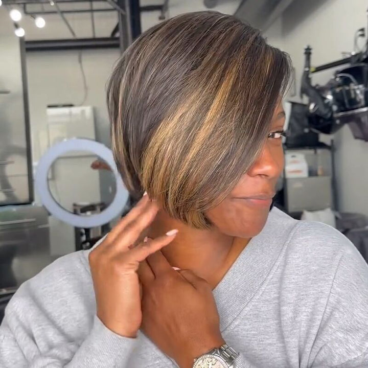 SZC Balayage Brown Pixie Cut Short Bob Bone Straight 13x4 Lace Front Virgin Human Hair Wigs