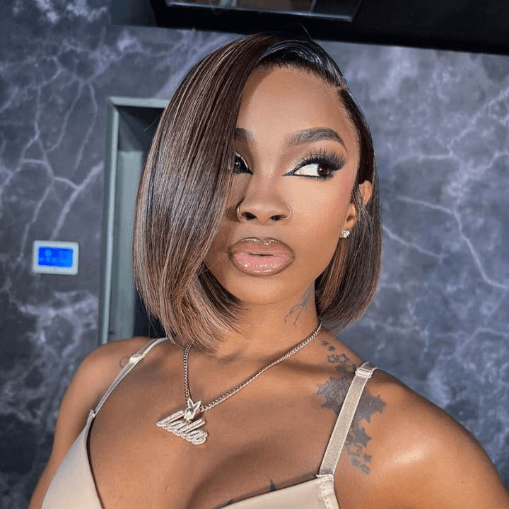 SZC Balayage Highlight Short Bob Bone Straight Human Hair Wigs